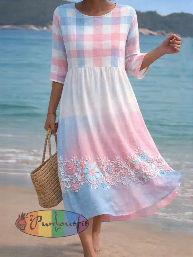 Women’s Pink and Blue Floral Print Casual Dress