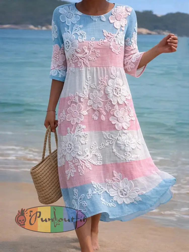 Women’s Pink and Blue Floral Print Casual Dress