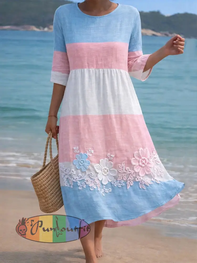 Women’s Pink and Blue Floral Print Casual Dress