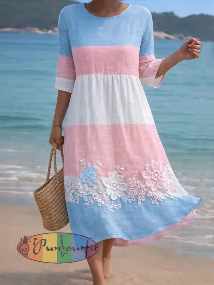 Women’s Pink and Blue Floral Print Casual Dress