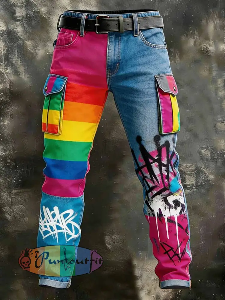 Men’s Retro Rainbow Pattern Printed Casual Work Pants