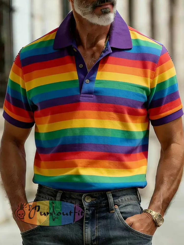 Men’s Retro Rainbow Pattern Printed Casual Polo Shirt