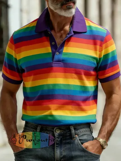 Men’s Retro Rainbow Pattern Printed Casual Polo Shirt