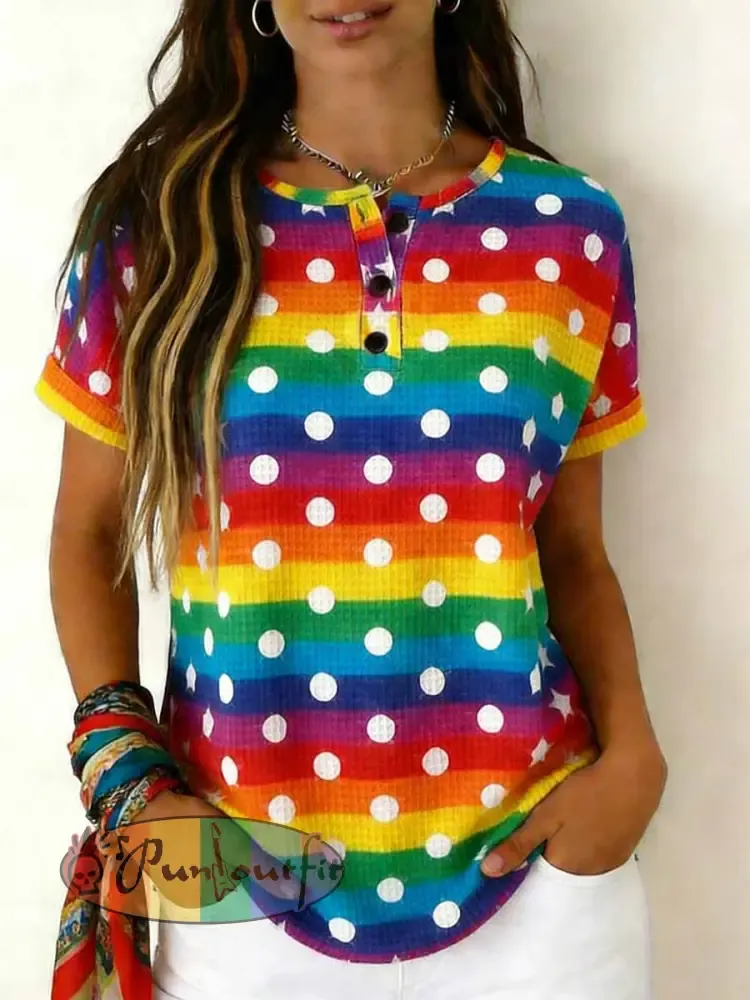 Women’s Retro Rainbow Pattern Printed Casual T-shirt