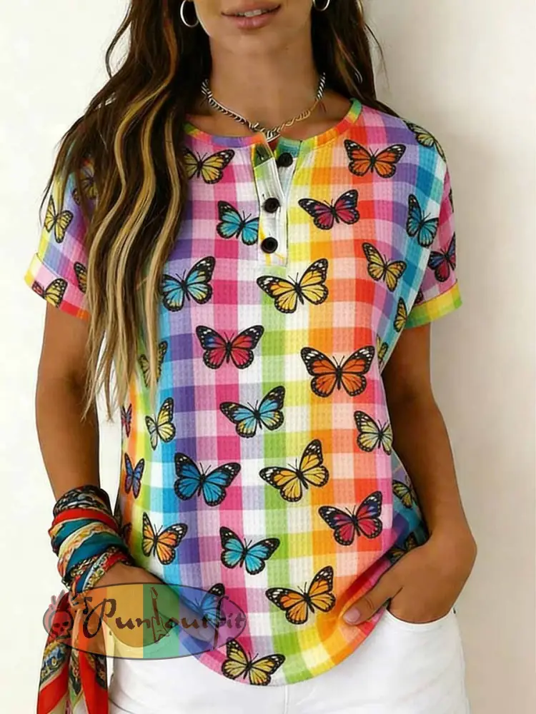 Women’s Retro Rainbow Pattern Printed Casual T-shirt