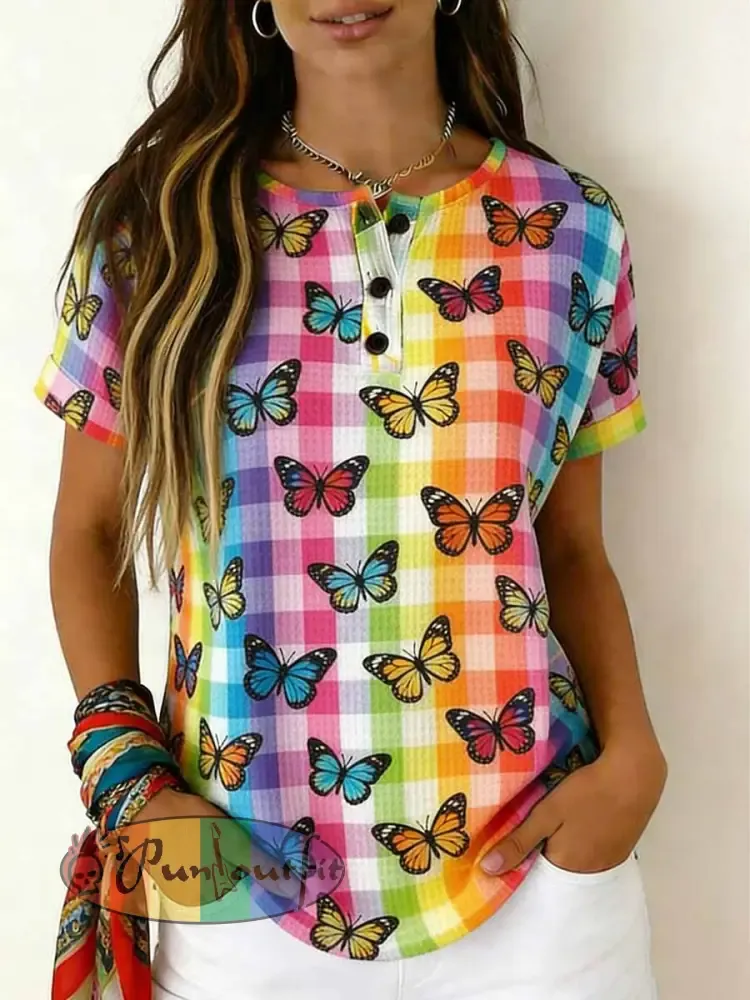 Women’s Retro Rainbow Pattern Printed Casual T-shirt