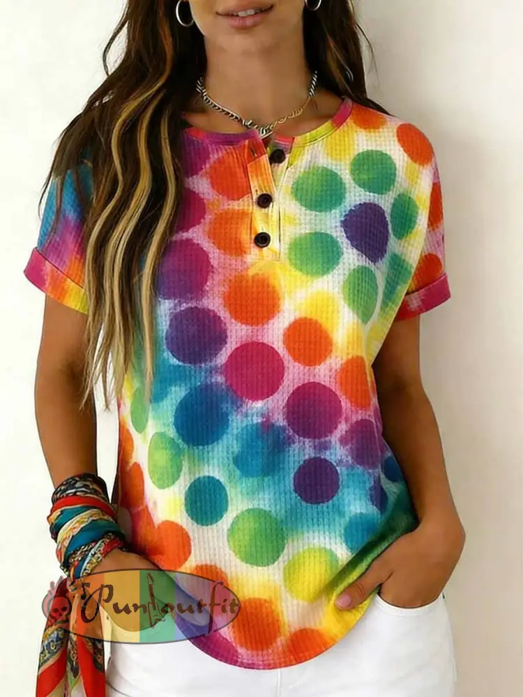 Women’s Retro Rainbow Pattern Printed Casual T-shirt