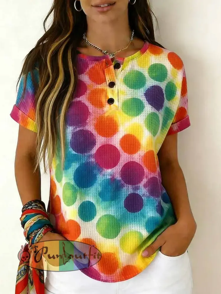 Women’s Retro Rainbow Pattern Printed Casual T-shirt
