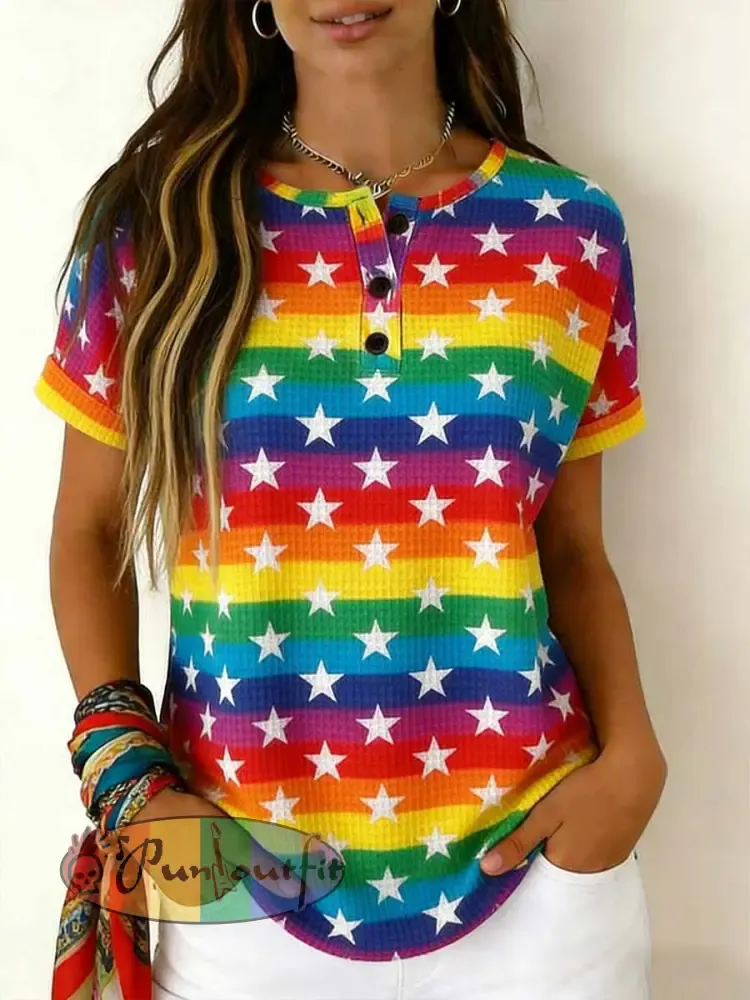 Women’s Retro Rainbow Pattern Printed Casual T-shirt