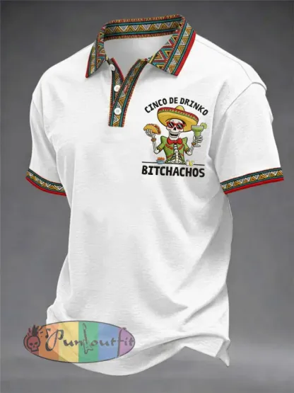 Men’s Funny Cinco De Drinko Bitchachos Skeleton Print Casual Polo