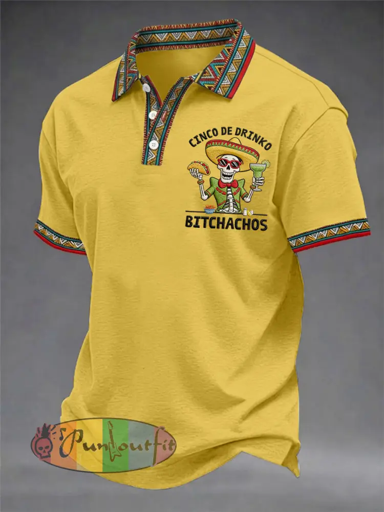 Men’s Funny Cinco De Drinko Bitchachos Skeleton Print Casual Polo