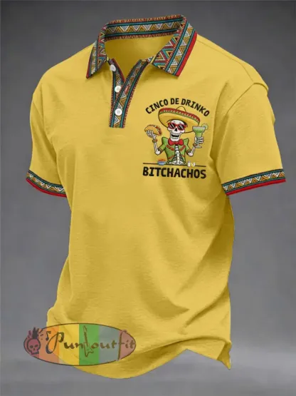 Men’s Funny Cinco De Drinko Bitchachos Skeleton Print Casual Polo