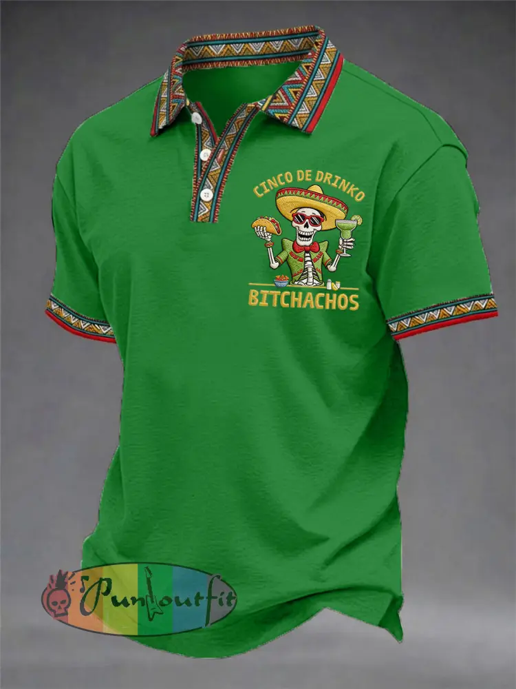 Men’s Funny Cinco De Drinko Bitchachos Skeleton Print Casual Polo