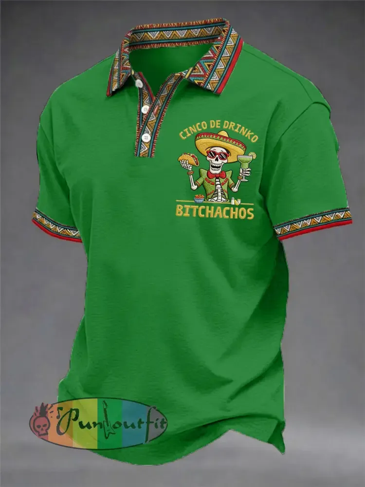 Men’s Funny Cinco De Drinko Bitchachos Skeleton Print Casual Polo
