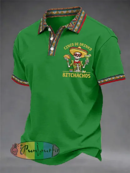 Men’s Funny Cinco De Drinko Bitchachos Skeleton Print Casual Polo