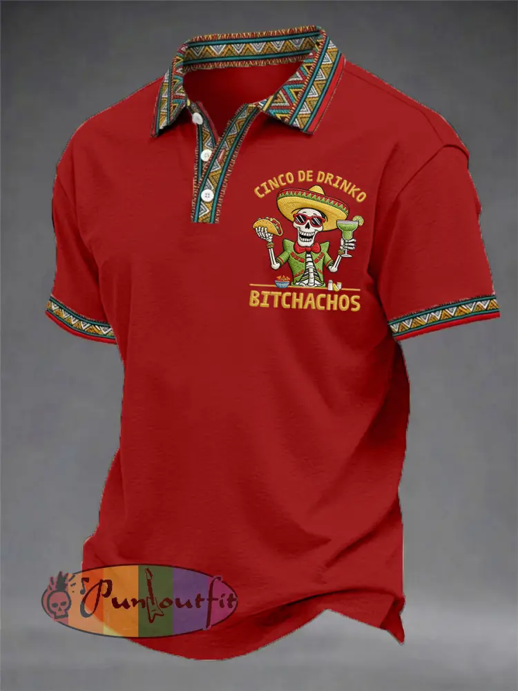 Men’s Funny Cinco De Drinko Bitchachos Skeleton Print Casual Polo
