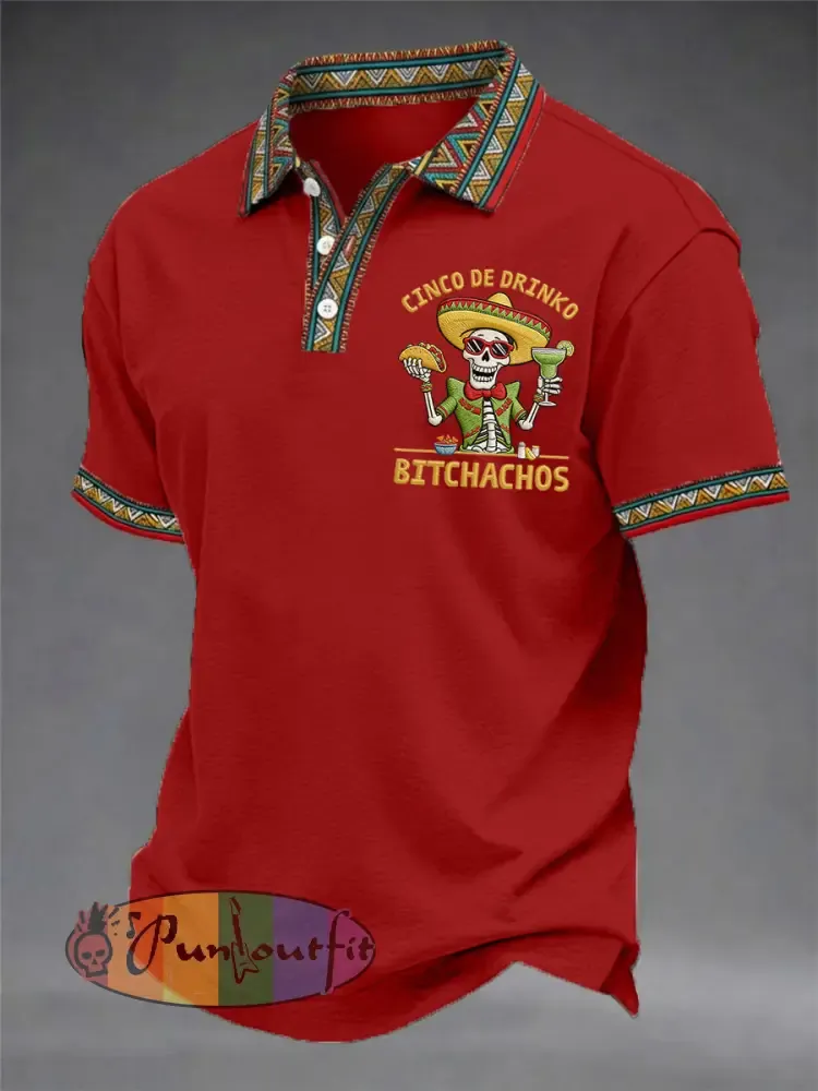 Men’s Funny Cinco De Drinko Bitchachos Skeleton Print Casual Polo