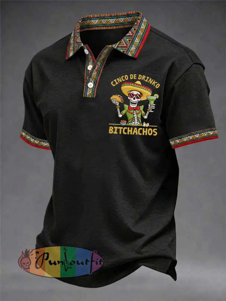 Men’s Funny Cinco De Drinko Bitchachos Skeleton Print Casual Polo