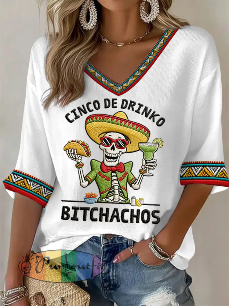 Women’s Funny Cinco De Drinko Bitchachos Skeleton Print Casual Waffle Top