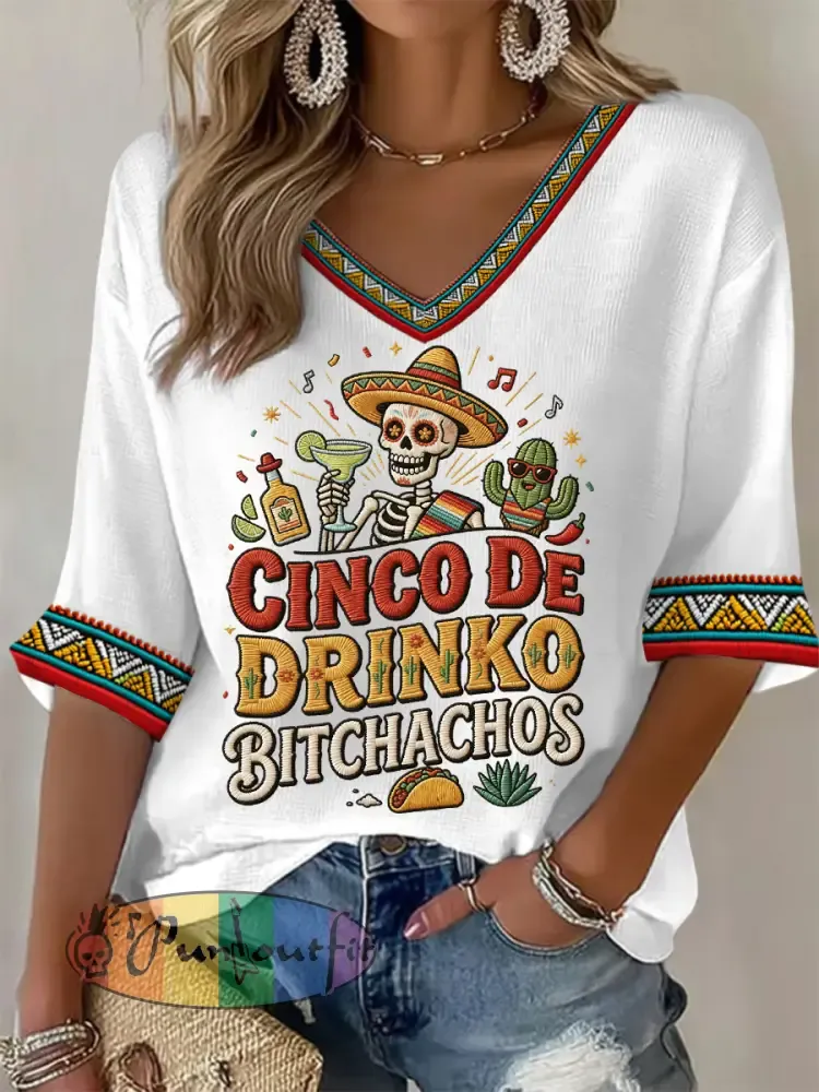 Women’s Funny Cinco De Drinko Bitchachos Skeleton Print Casual Waffle Top