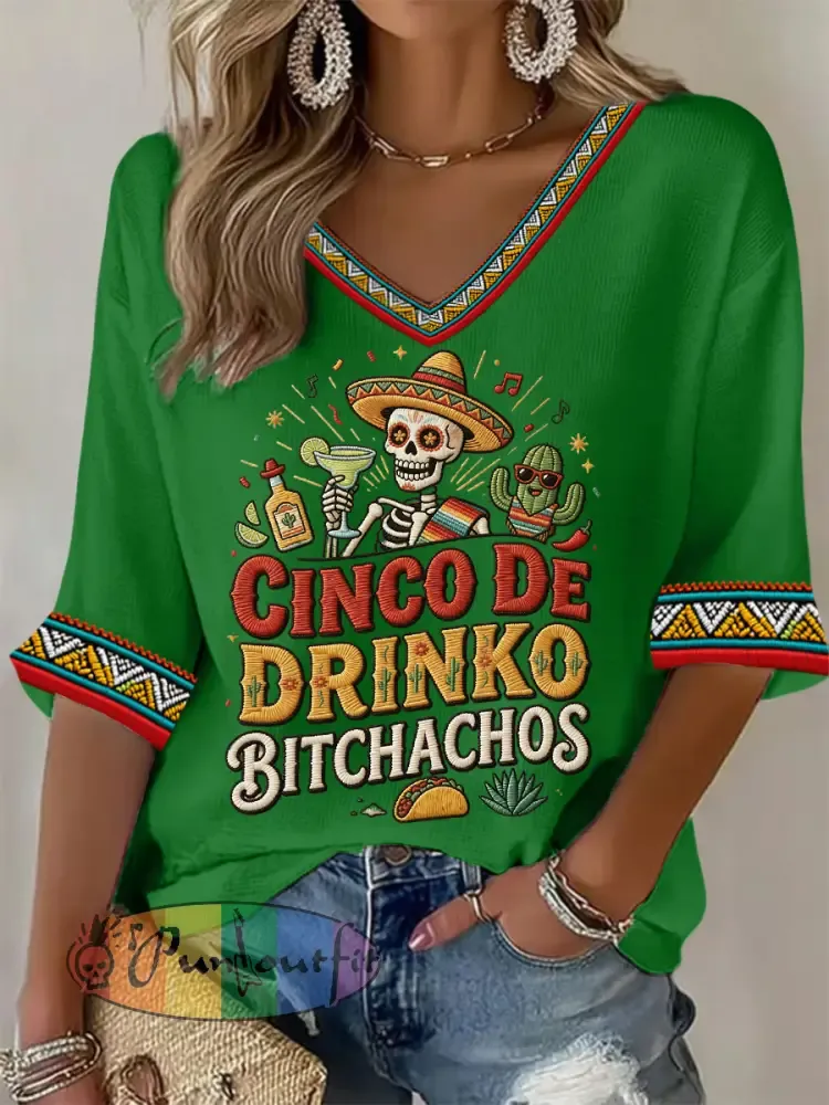 Women’s Funny Cinco De Drinko Bitchachos Skeleton Print Casual Waffle Top