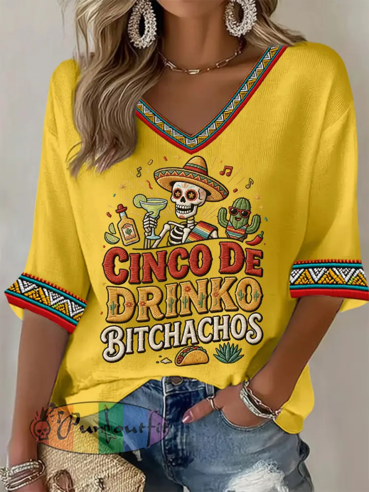 Women’s Funny Cinco De Drinko Bitchachos Skeleton Print Casual Waffle Top