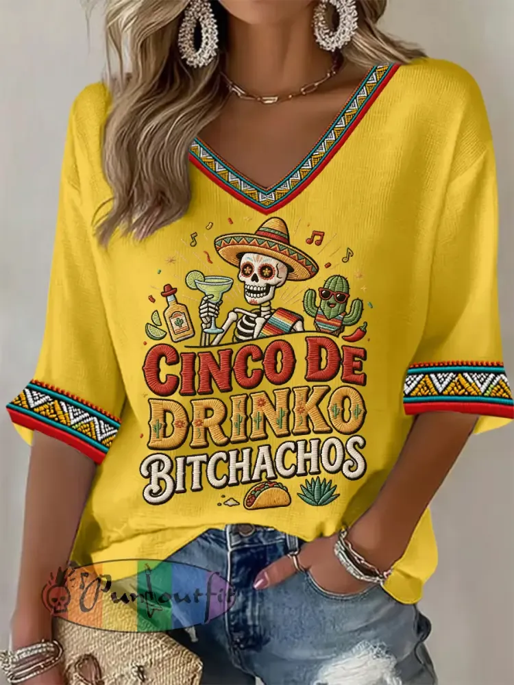 Women’s Funny Cinco De Drinko Bitchachos Skeleton Print Casual Waffle Top