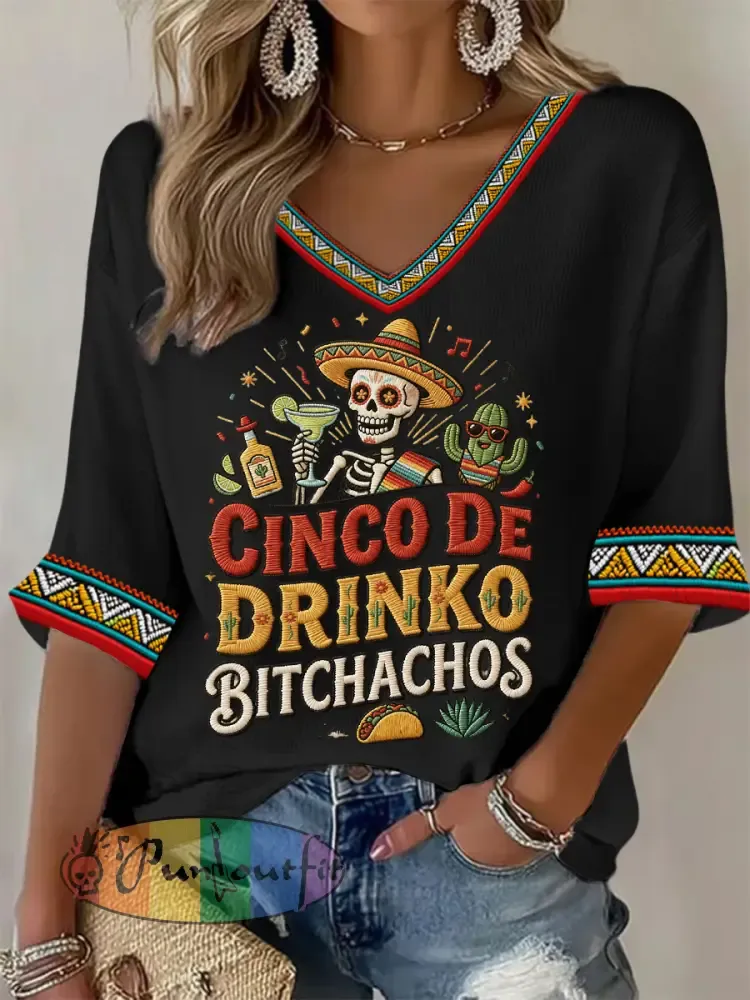 Women’s Funny Cinco De Drinko Bitchachos Skeleton Print Casual Waffle Top