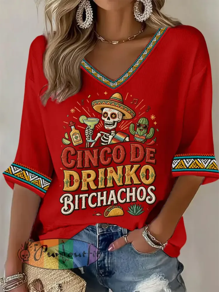 Women’s Funny Cinco De Drinko Bitchachos Skeleton Print Casual Waffle Top