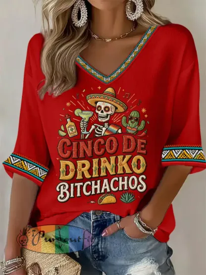 Women’s Funny Cinco De Drinko Bitchachos Skeleton Print Casual Waffle Top