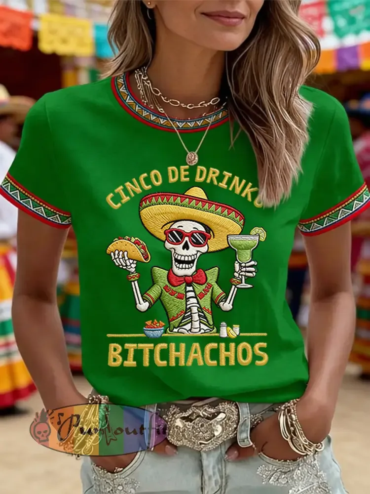 Women’s Funny Cinco De Drinko Bitchachos Skeleton Print Casual Tee
