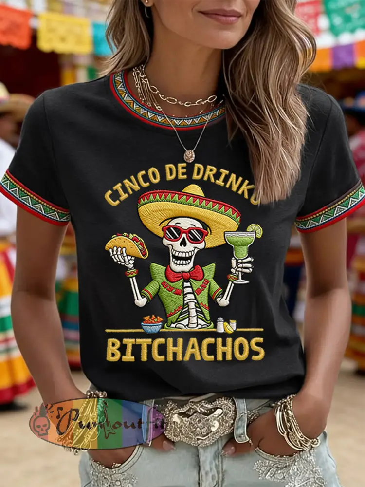 Women’s Funny Cinco De Drinko Bitchachos Skeleton Print Casual Tee