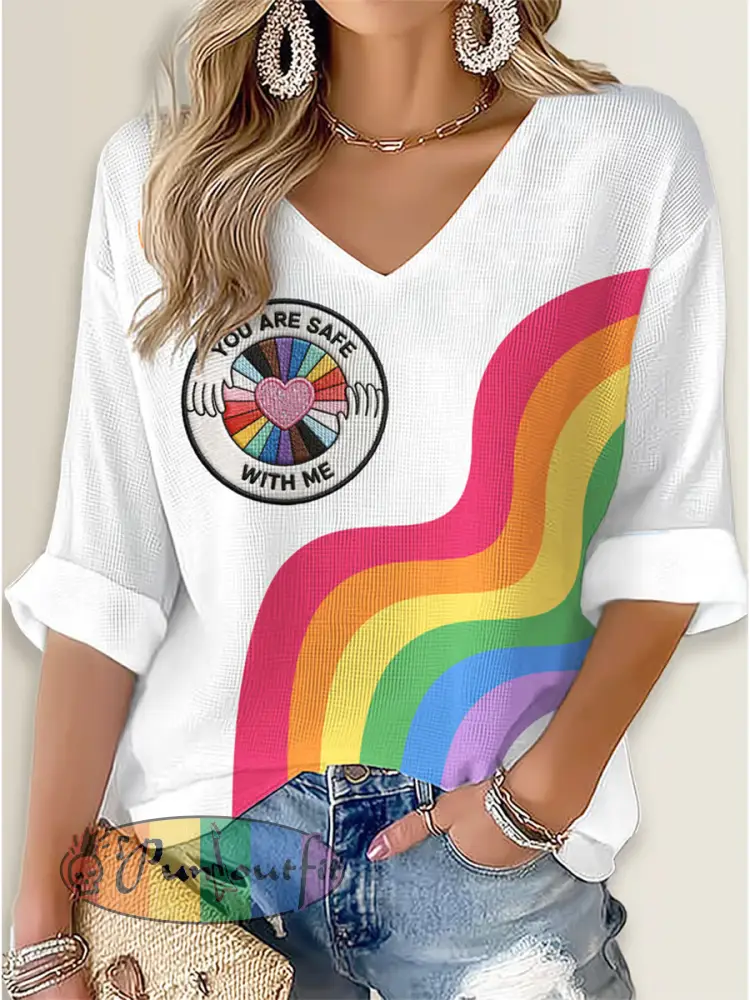 Women‘s Rainbow You Are Safe With Me Printed Long Sleeve Waffle T-shirt