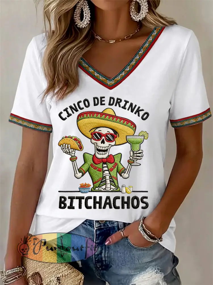 Women’s Funny Cinco De Mayo Bitchachos Skull Print V-Neck Tee