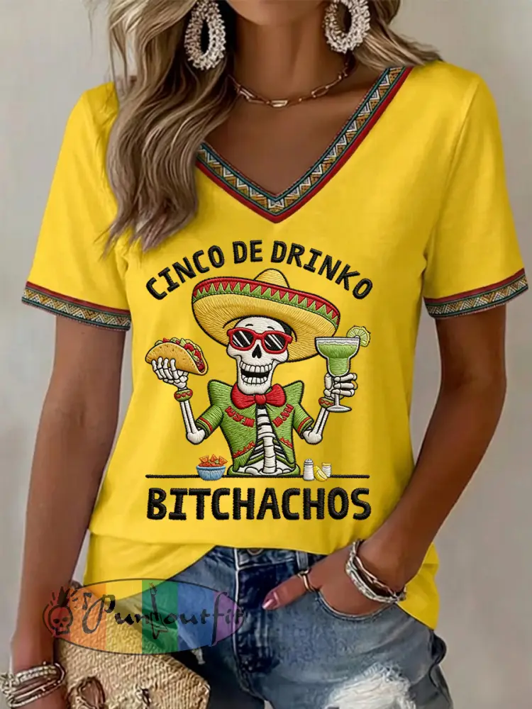 Women’s Funny Cinco De Mayo Bitchachos Skull Print V-Neck Tee