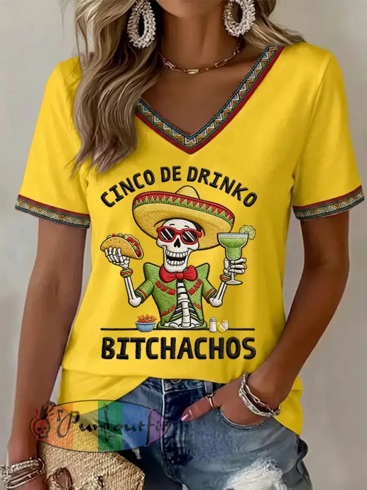Women’s Funny Cinco De Mayo Bitchachos Skull Print V-Neck Tee