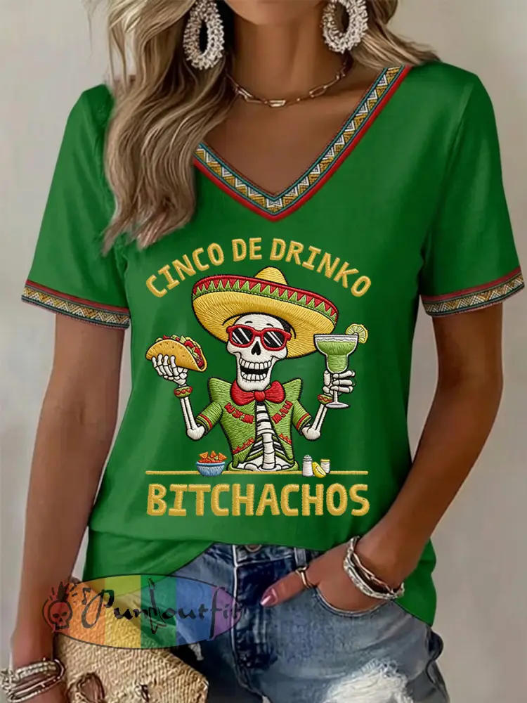 Women’s Funny Cinco De Mayo Bitchachos Skull Print V-Neck Tee