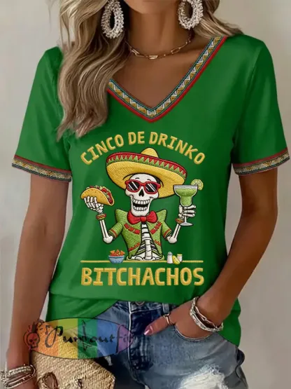 Women’s Funny Cinco De Mayo Bitchachos Skull Print V-Neck Tee