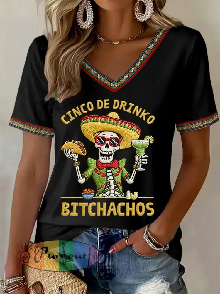 Women’s Funny Cinco De Mayo Bitchachos Skull Print V-Neck Tee