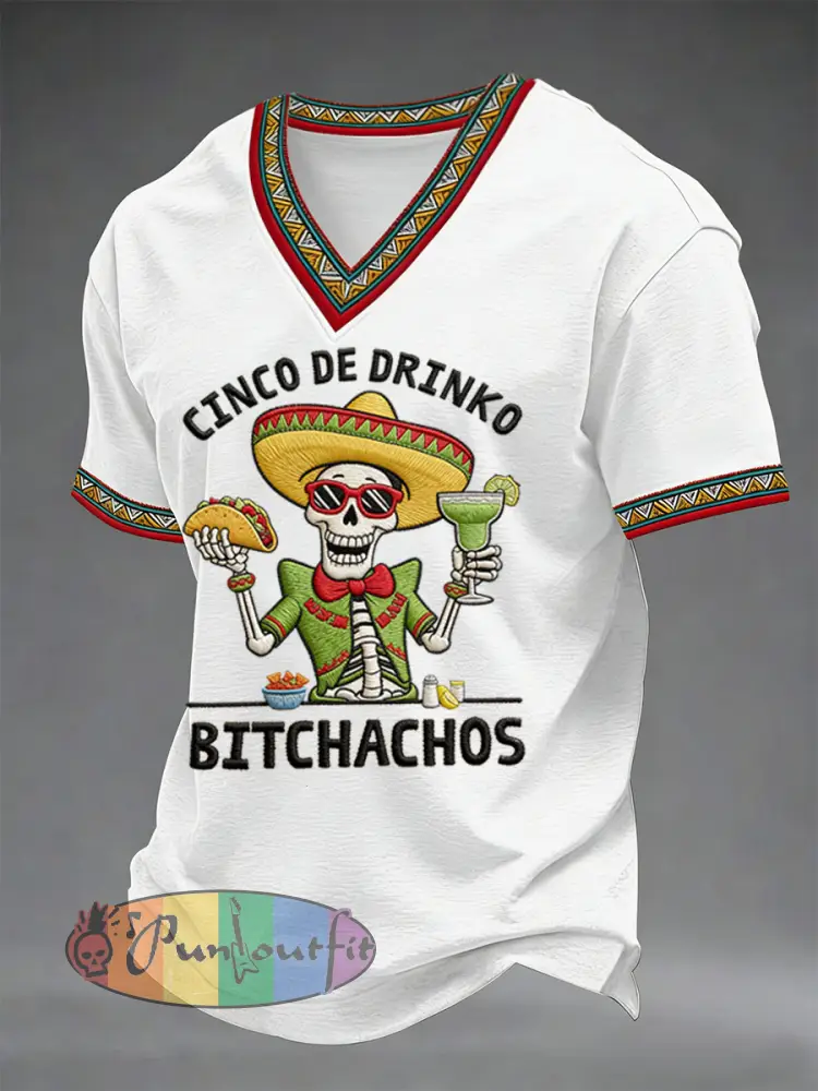 Men’s Funny Cinco De Mayo Bitchachos Skull Print V-neck Tee
