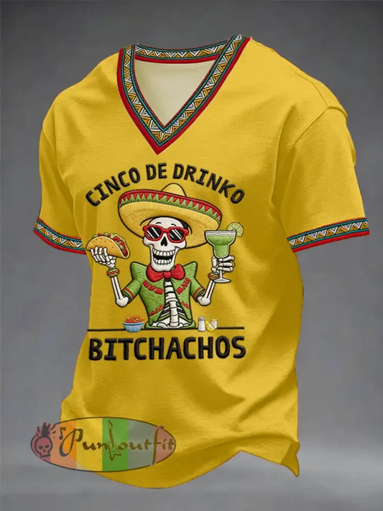 Men’s Funny Cinco De Mayo Bitchachos Skull Print V-neck Tee