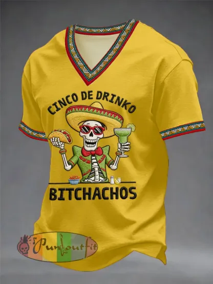Men’s Funny Cinco De Mayo Bitchachos Skull Print V-neck Tee