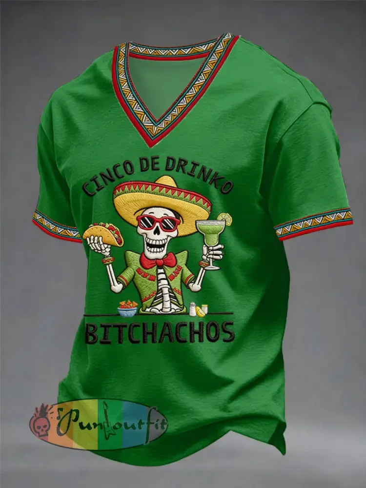 Men’s Funny Cinco De Mayo Bitchachos Skull Print V-neck Tee