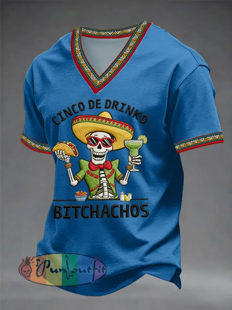 Men’s Funny Cinco De Mayo Bitchachos Skull Print V-neck Tee