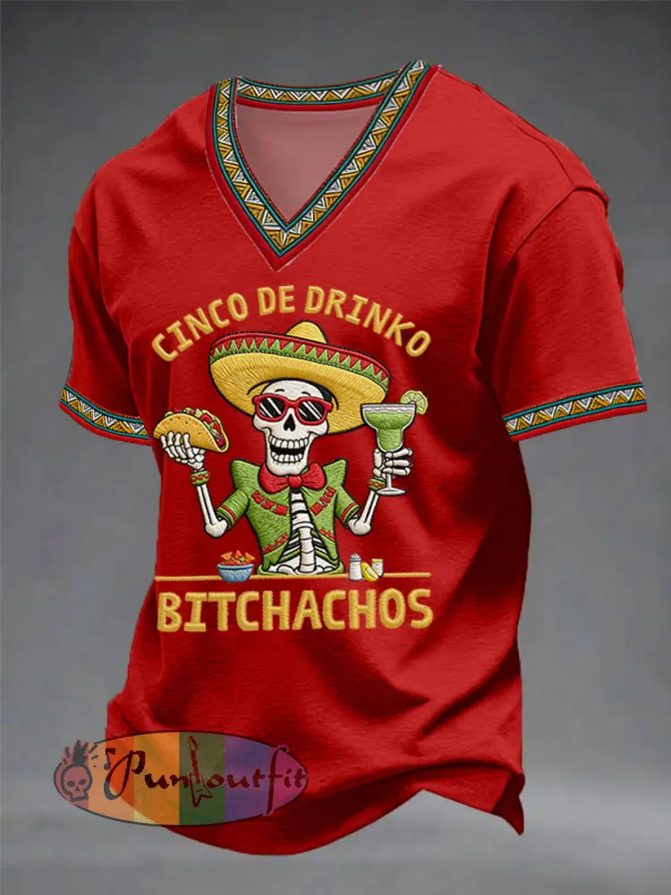 Men’s Funny Cinco De Mayo Bitchachos Skull Print V-neck Tee