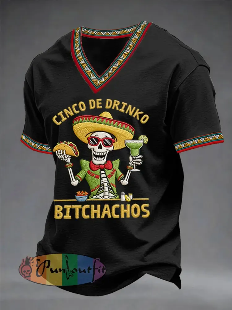 Men’s Funny Cinco De Mayo Bitchachos Skull Print V-neck Tee