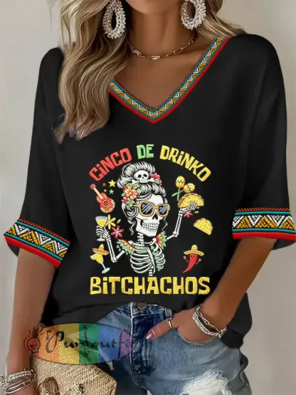 Women’s Funny Cinco De Drinko Bitchachos Skeleton Print Casual Waffle T-shirt