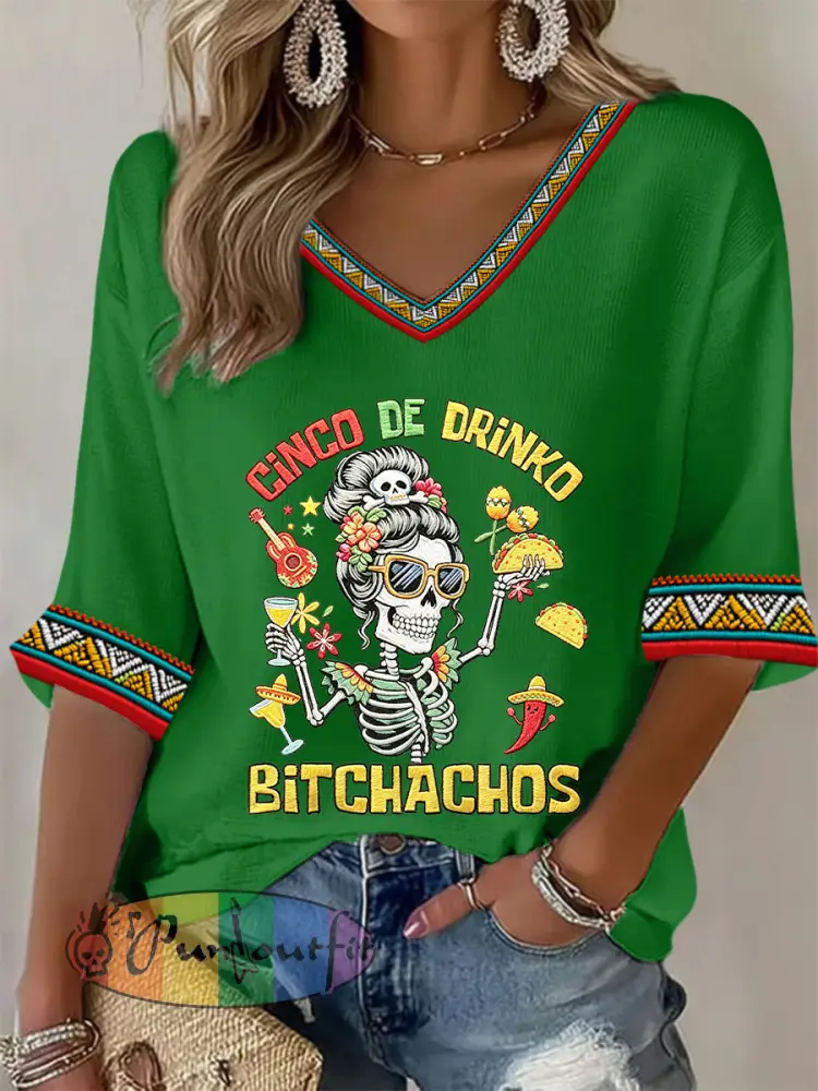 Women’s Funny Cinco De Drinko Bitchachos Skeleton Print Casual Waffle T-shirt
