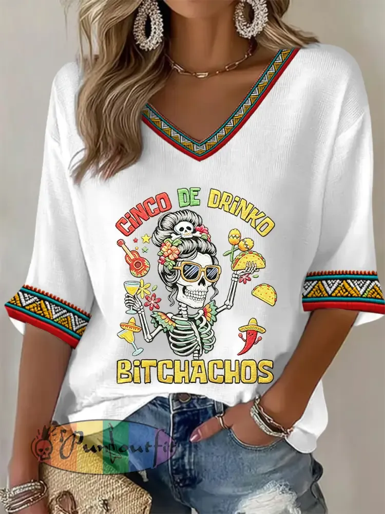 Women’s Funny Cinco De Drinko Bitchachos Skeleton Print Casual Waffle T-shirt