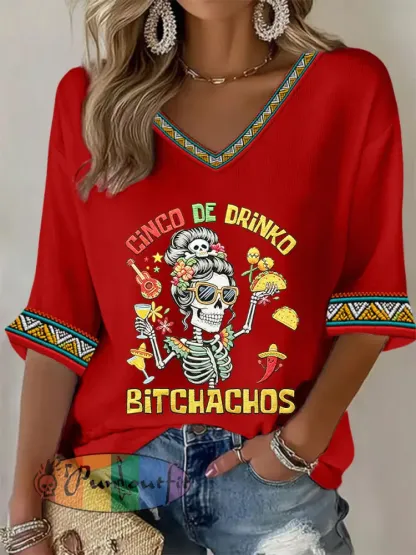 Women’s Funny Cinco De Drinko Bitchachos Skeleton Print Casual Waffle T-shirt